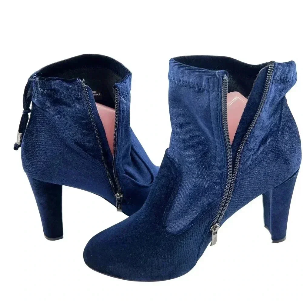 NEW Blue Velvet Ankle Booties Women 10M Zip Closure Block Heel Boots Elvis Shoes